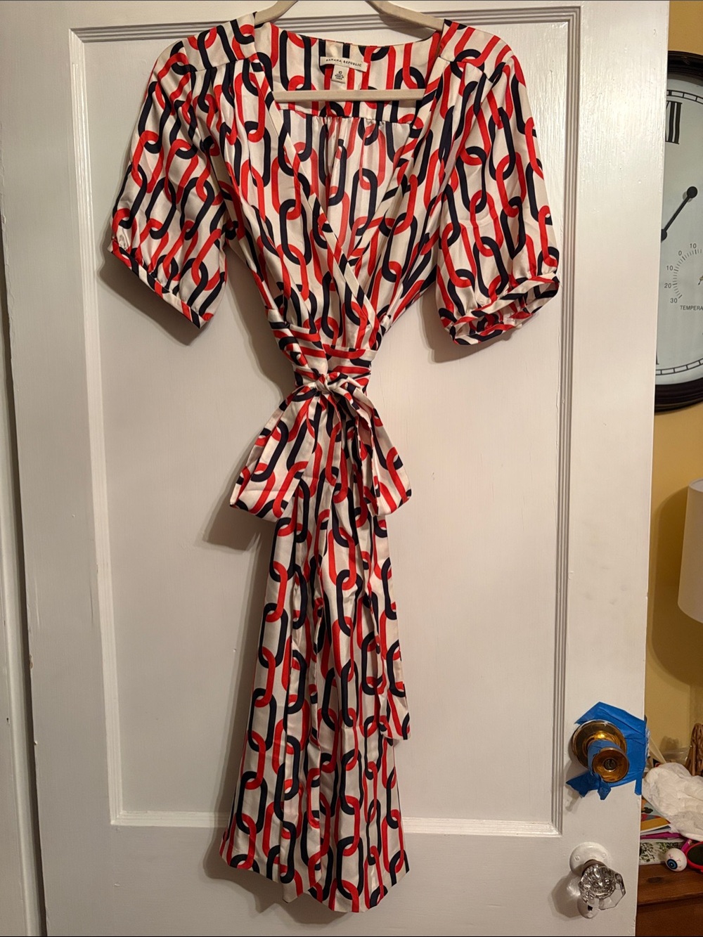 Banana Republic Orange, Navy & White Chain-Print Wrap Midi Dress